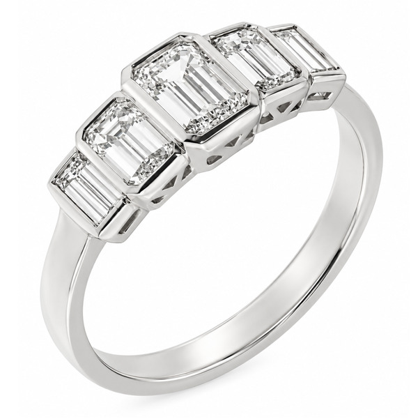 1920's art deco design five stone eternity style ring emerald cut diamond emerald & baguette cut diamonds Platinum Gold