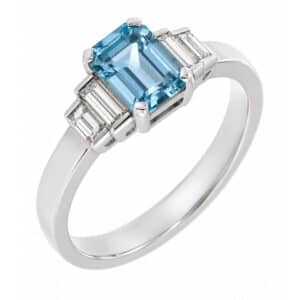 Classic art deco style modern ring Emerald cut step aqua aquamarine four baguette cut diamonds engagement 1920's platinum gold