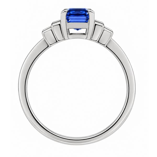 Classic art deco style modern ring Emerald cut step Blue Sapphire four baguette cut diamonds engagement 1920's platinum gold
