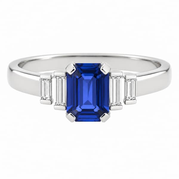 Classic art deco style modern ring Emerald cut step Blue Sapphire four baguette cut diamonds engagement 1920's platinum gold