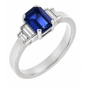 Classic art deco style modern ring Emerald cut step Blue Sapphire four baguette cut diamonds engagement 1920's platinum gold