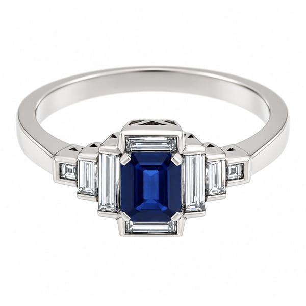 Classic deco style modern ring emerald step cut blue sapphire stepped baguette cut diamonds cluster platinum gold