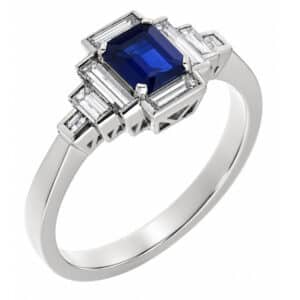 Classic deco style modern ring emerald step cut blue sapphire stepped baguette cut diamonds cluster platinum gold