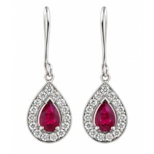 Classic art deco style Ruby drop earrings pear shape Rubies halo round brilliant cut diamonds platinum gold