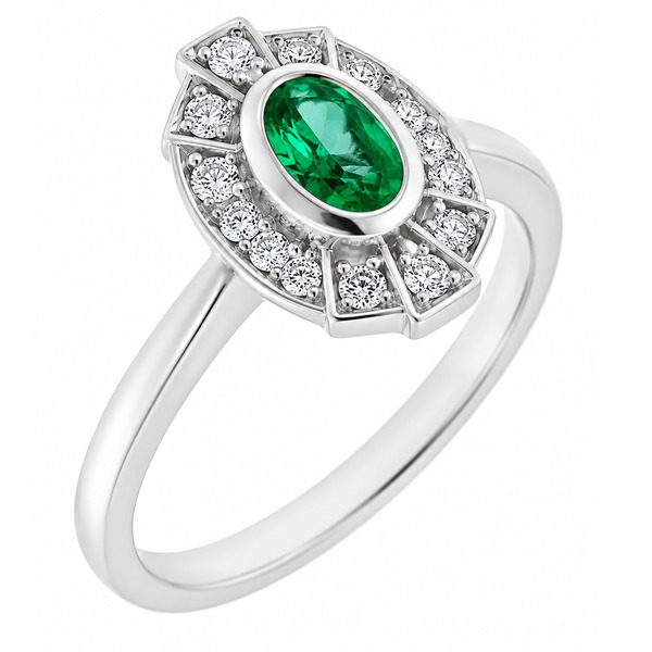 vintage fan art deco style cluster ring oval shape green Emerald halo round brilliant cut diamonds 1920's design Platinum Gold