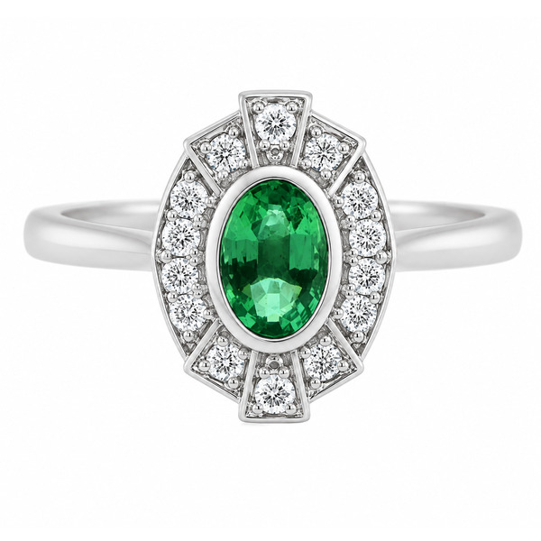 vintage fan art deco style cluster ring oval shape green Emerald halo round brilliant cut diamonds 1920's design Platinum Gold