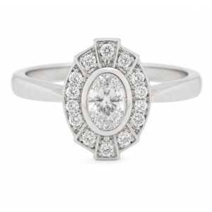 vintage fan art deco style cluster ring oval shape diamond & halo round brilliant cut diamonds 1920's design Platinum Gold