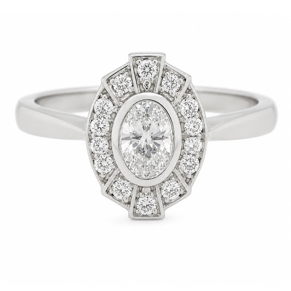 vintage fan art deco style cluster ring oval shape diamond & halo round brilliant cut diamonds 1920's design Platinum Gold