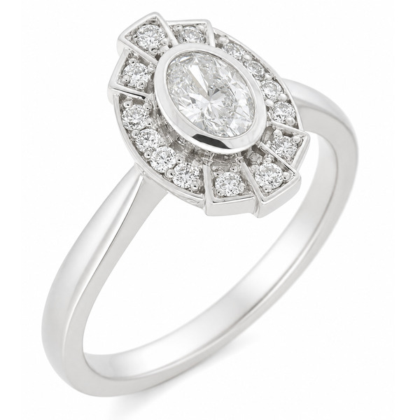 vintage fan art deco style cluster ring oval shape diamond & halo round brilliant cut diamonds 1920's design Platinum Gold