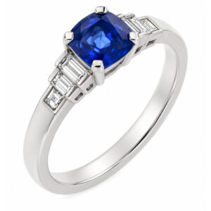 Classic art deco style modern ring Cushion Blue Sapphire cut step baguette cut diamonds engagement 1920's platinum gold