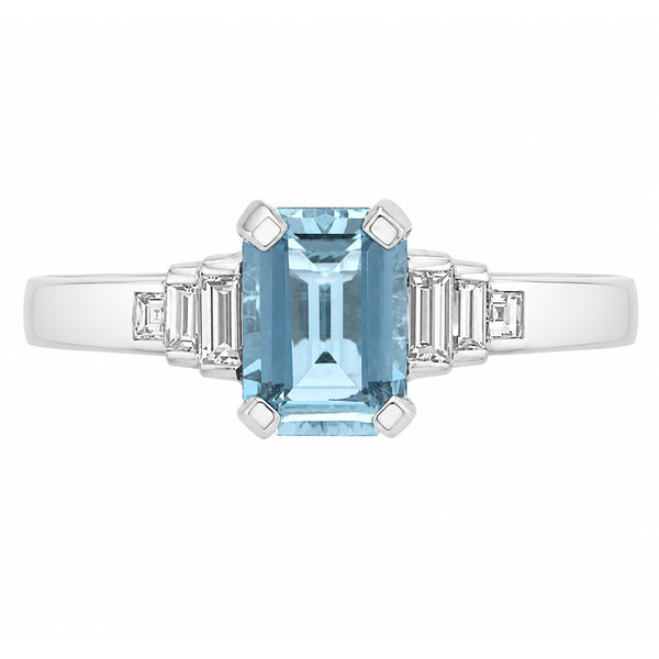 Classic art deco style modern ring Emerald cut Aqua Aquamarine step baguette cut diamonds engagement 1920's platinum gold