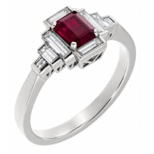 Classic art deco style modern ring emerald step cut Ruby stepped baguette cut diamonds cluster setting platinum gold