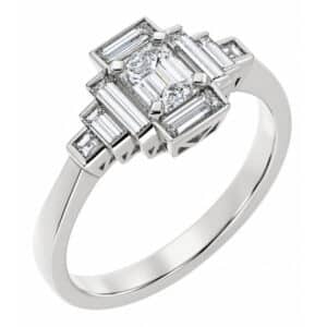 Classic art deco style modern ring emerald cut diamond stone stepped baguette diamonds cluster setting platinum gold
