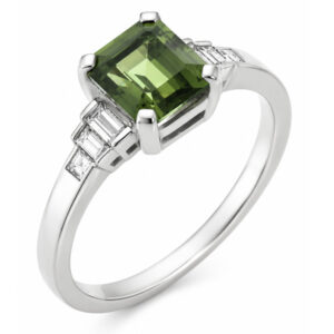 Classic art deco style modern ring Green Sapphire cut step baguette cut diamonds engagement 1920's platinum gold
