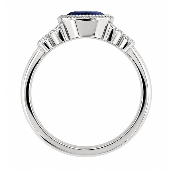 Classic art deco vintage style ring oval shape blue sapphire round diamond millgrain engagement cluster platinum gold