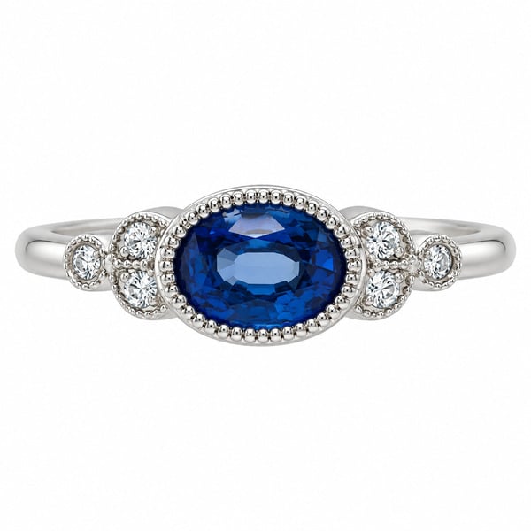 Classic art deco vintage style ring oval shape blue sapphire round diamond millgrain engagement cluster platinum gold