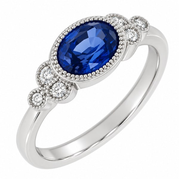 Classic art deco vintage style ring oval shape blue sapphire round diamond millgrain engagement cluster platinum gold