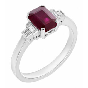 Classic art deco cluster style modern ring emerald step cut Ruby centre stone stepped baguette cut diamond platinum gold