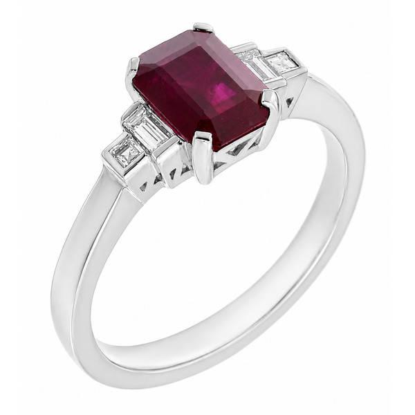 Classic art deco cluster style modern ring emerald step cut Ruby centre stone stepped baguette cut diamond platinum gold