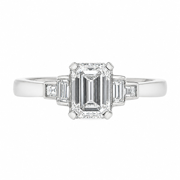Classic deco style modern ring emerald cut diamond stone stepped graduated baguette cut diamonds setting platinum gold
