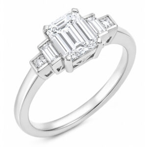 Classic deco style modern ring emerald cut diamond stone stepped graduated baguette cut diamonds setting platinum gold