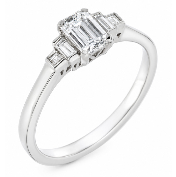 Classic deco style modern ring emerald cut diamond stone stepped graduated baguette cut diamonds setting platinum gold