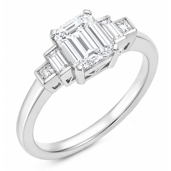 Classic deco style modern ring emerald cut diamond stone stepped graduated baguette cut diamonds setting platinum gold
