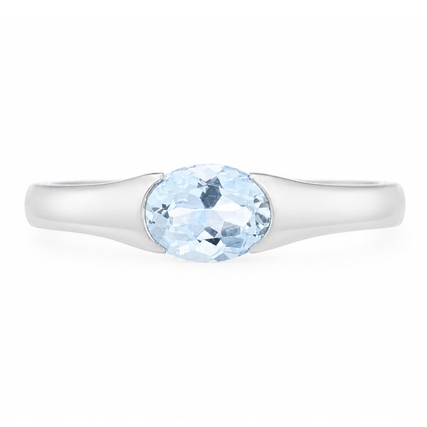modernist design modern ring semi-rubover set oval cut solitaire Aqua Aquamarine engagement court contemporary platinum gold