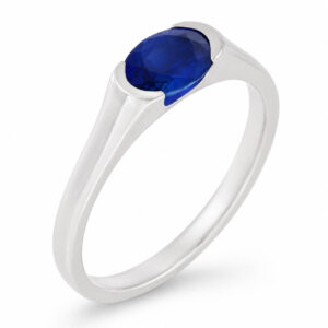 modernist design modern ring semi-rubover oval cut solitaire blue sapphire engagement contemporary platinum gold