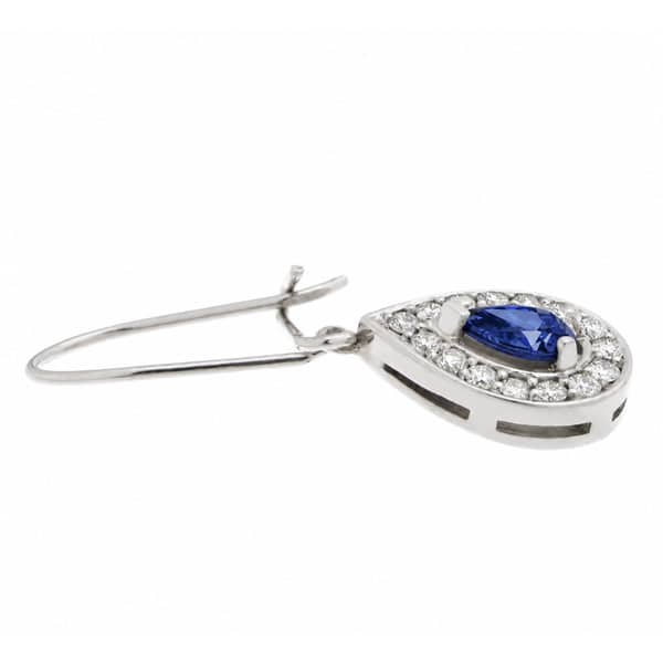 Classic art deco style Blue Sapphire drop earrings pear shape sapphires halo round brilliant cut diamonds platinum gold