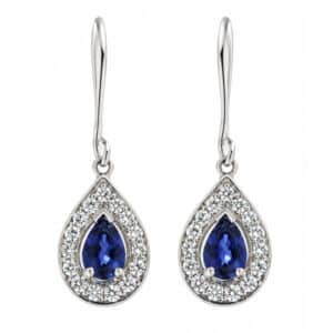 Classic art deco style Blue Sapphire drop earrings pear shape sapphires halo round brilliant cut diamonds platinum gold