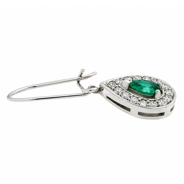 Classic art deco style Emerald drop earrings pear shape Emeralds halo round brilliant cut diamonds platinum gold
