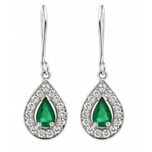 Classic art deco style Emerald drop earrings pear shape Emeralds halo round brilliant cut diamonds platinum gold