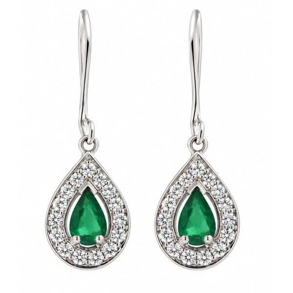 Classic art deco style Emerald drop earrings pear shape Emeralds halo round brilliant cut diamonds platinum gold
