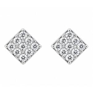 Modern Grain set round brilliant cut Diamond cluster style earrings set in an offset square design designer Platinum Gold