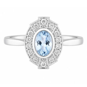 vintage fan art deco style cluster ring oval shape Aqua Aquamarine & halo round brilliant cut diamonds 1920's design Platinum Gold