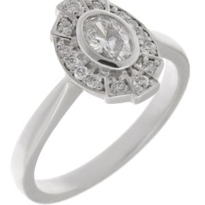 vintage fan art deco style cluster ring oval shape diamond & halo round brilliant cut diamonds 1920's design Platinum Gold