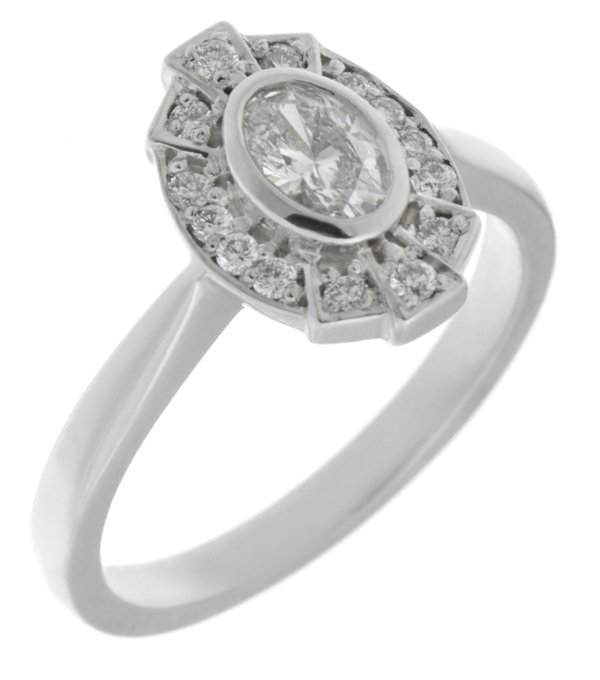 vintage fan art deco style cluster ring oval shape diamond & halo round brilliant cut diamonds 1920's design Platinum Gold