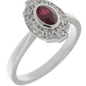 vintage fan art deco style cluster ring oval shape Ruby & halo round brilliant cut diamonds 1920's design Platinum Gold