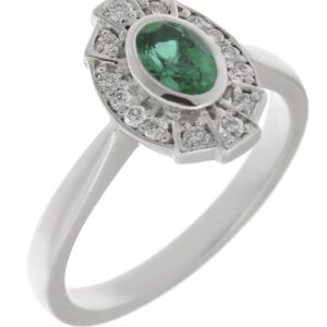 vintage fan art deco style cluster ring oval shape green Emerald & halo round brilliant cut diamonds 1920's design Platinum Gold