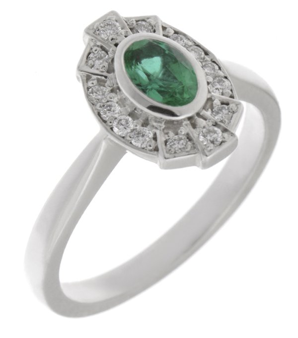 vintage fan art deco style cluster ring oval shape green Emerald & halo round brilliant cut diamonds 1920's design Platinum Gold