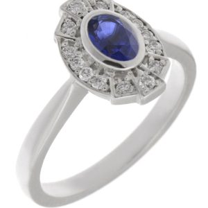 vintage fan art deco style cluster ring oval shape Blue Sapphire & halo round brilliant cut diamonds 1920's design Platinum Gold