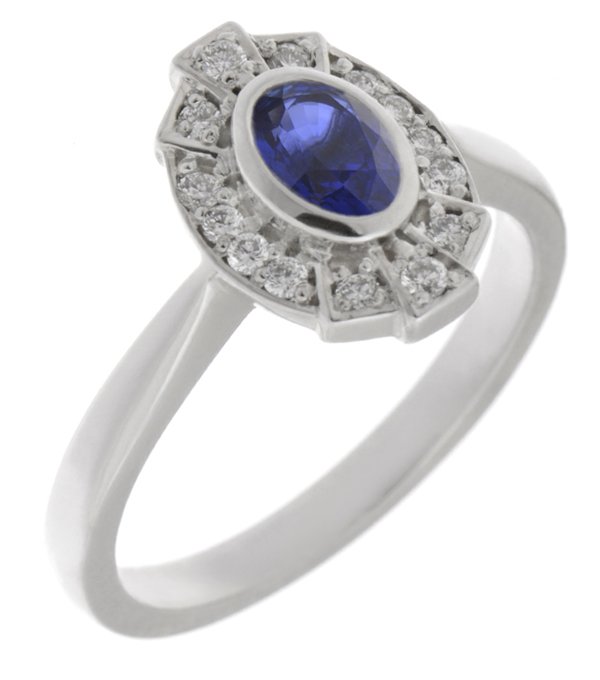 vintage fan art deco style cluster ring oval shape Blue Sapphire & halo round brilliant cut diamonds 1920's design Platinum Gold