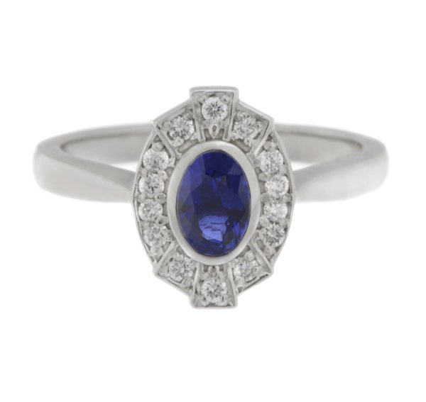 vintage fan art deco style cluster ring oval shape Blue Sapphire & halo round brilliant cut diamonds 1920's design Platinum Gold