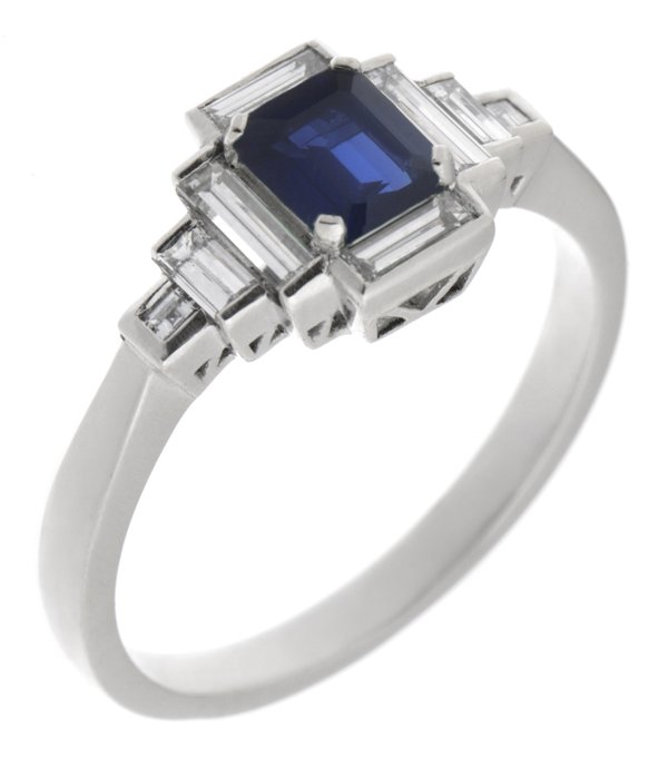 Classic art deco style modern ring emerald step cut blue sapphire centre stone stepped baguette cut diamonds cluster setting platinum gold
