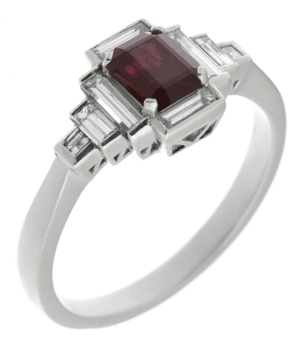 Classic art deco style modern ring emerald step cut Ruby centre stone stepped baguette cut diamonds cluster setting platinum gold
