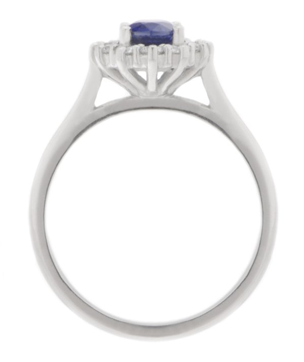 Crystal classic oval shape cut blue sapphire with round brilliant cut diamond halo cluster claw set ring platinum gold