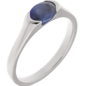 modernist design modern ring semi-rubover set oval cut solitaire blue sapphire engagement dress ring court contemporary platinum gold