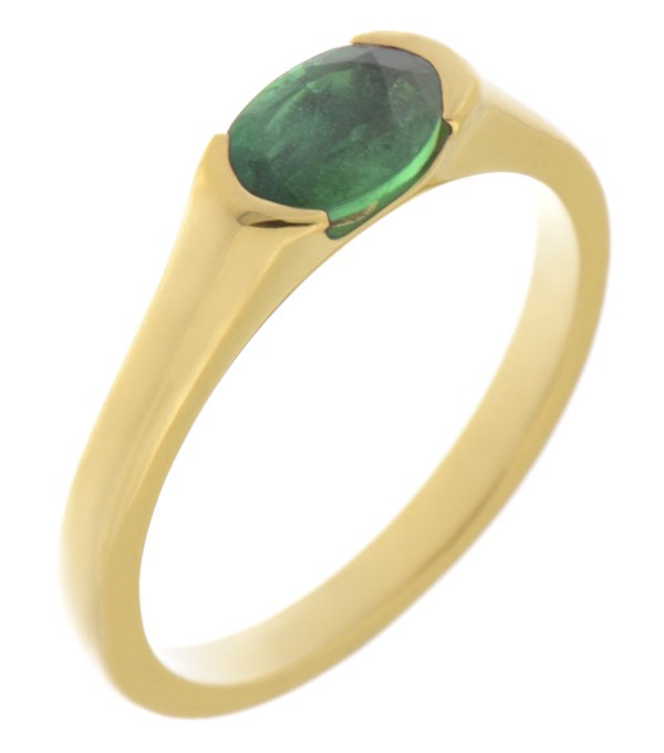 modernist design modern ring semi-rubover set oval cut solitaire green emerald engagement dress ring court contemporary platinum gold