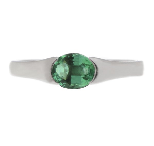 modernist design modern ring semi-rubover set oval cut solitaire green emerald engagement dress ring court contemporary platinum gold